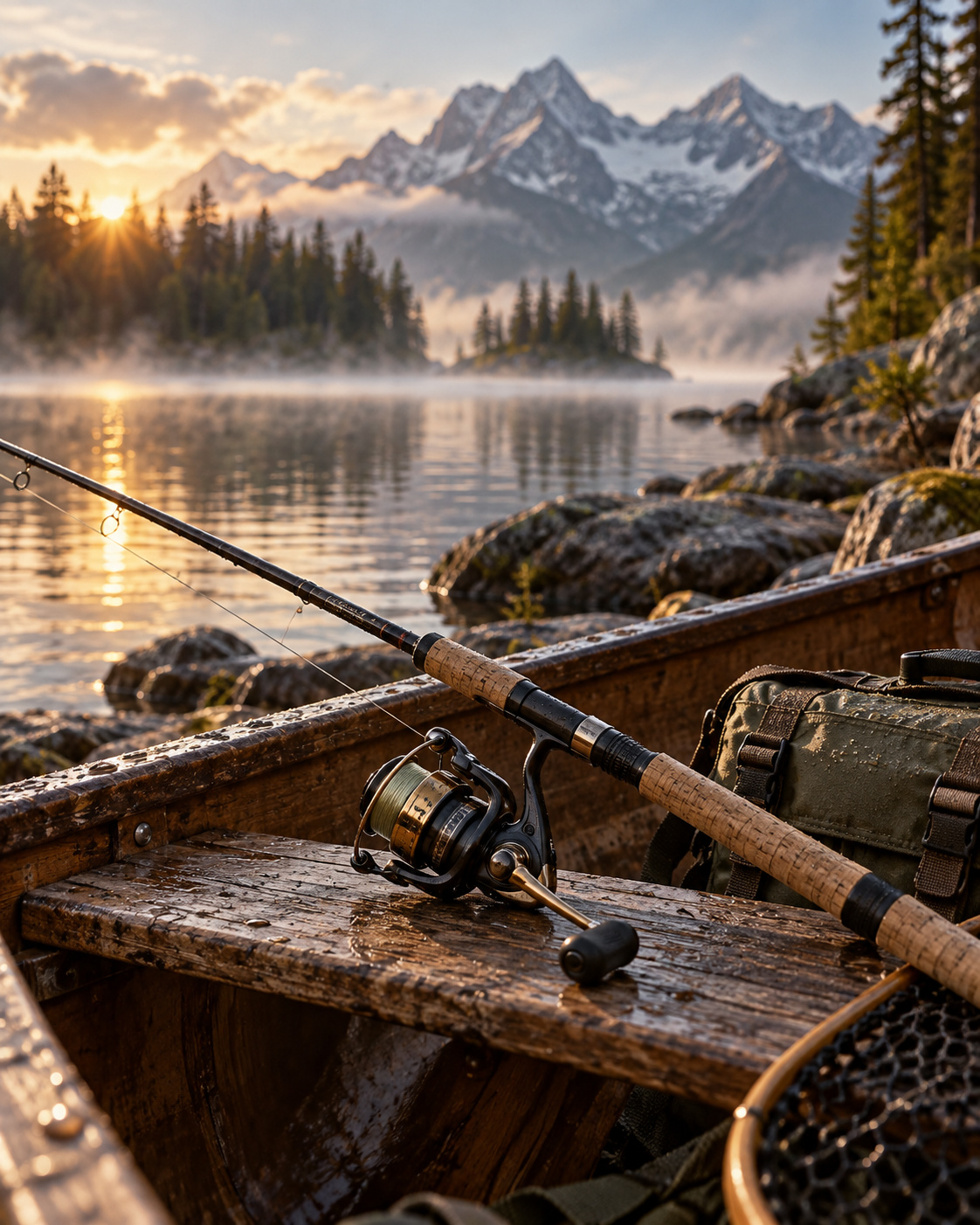 Fishing setup by a mountain lake