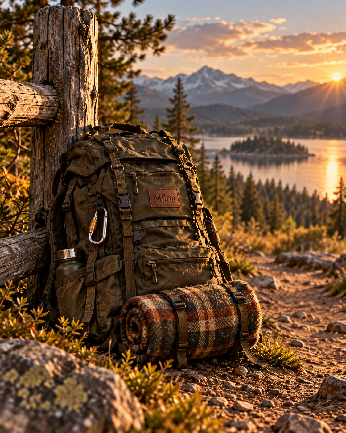 Outdoor backpack overlooking a lake