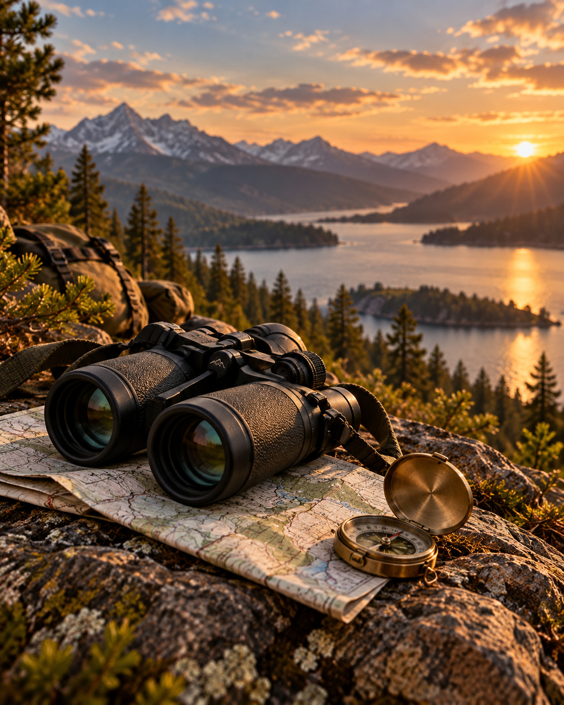 Binoculars and compass in the mountains