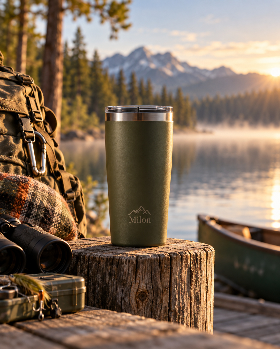 Insulated Milon tumbler by a lake
