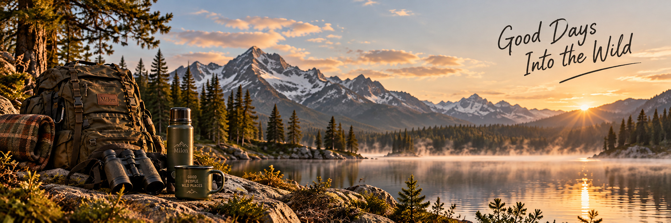 Mountain lake at sunrise with Milon outdoor gear